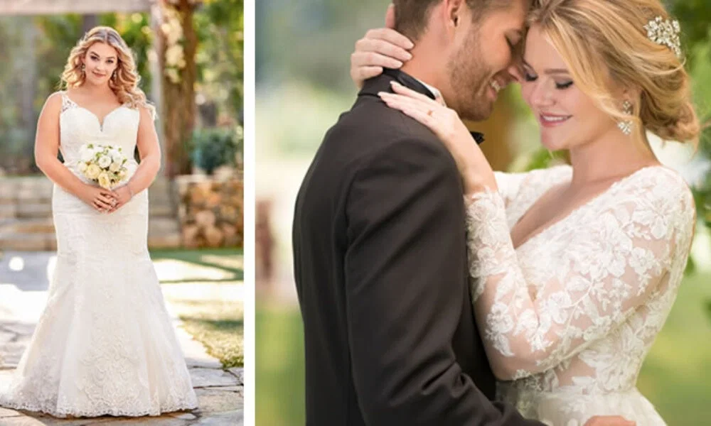 Links posiert eine Braut in einem eleganten Brautkleid aus Spitze, rechts hält ein Brautpaar sich innig umschlungen. Die Braut trägt ein Kleid mit zarten Spitzenärmeln.