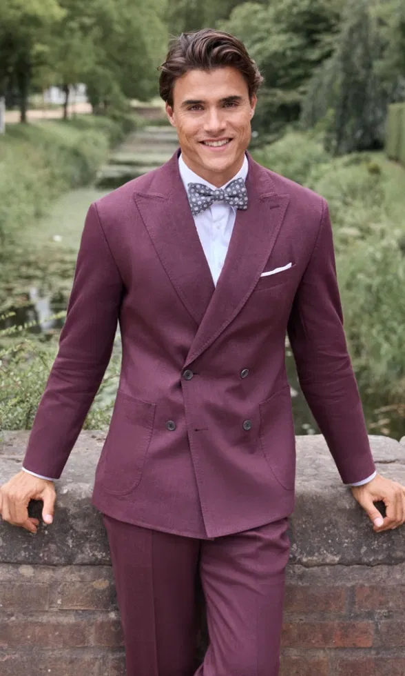 Mann in bordeauxfarbenem Hochzeitsanzug mit gemusterter Fliege lehnt entspannt an einer Steinmauer in grüner Parklandschaft.