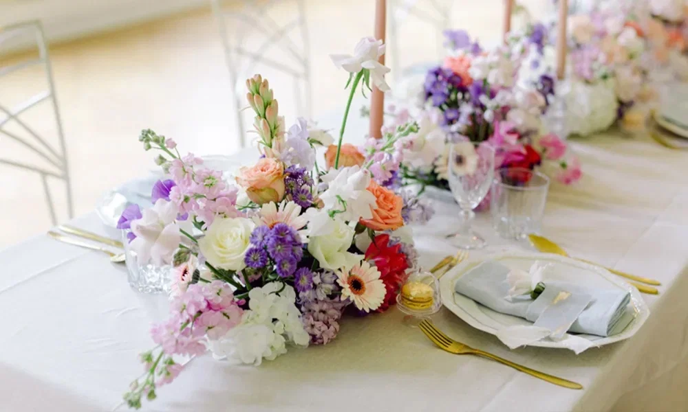 Hochzeitsgedeck mit romantischer Blumendeko in Rosa, Lila und Weiß, stilvollen Gläsern, goldfarbenem Besteck und kunstvoll gefalteten Servietten.