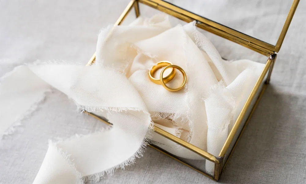 Zwei goldene Eheringe in einem stilvollen, durchsichtigen Ringkästchen, liebevoll auf weichem Stoff drapiert und bereit für die Trauung.