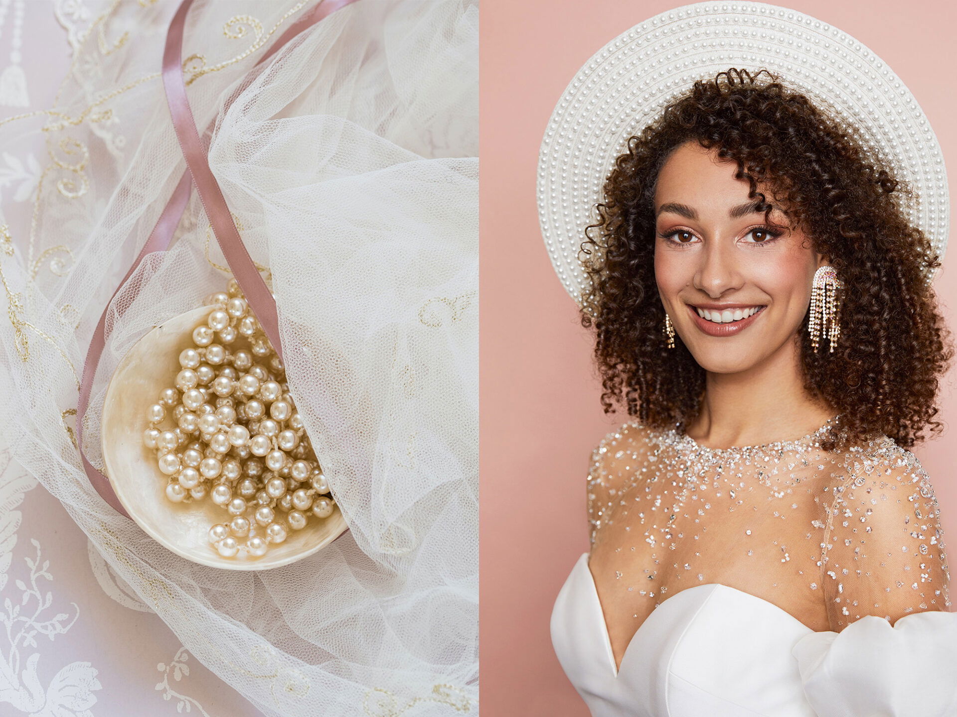 Links im Bild sind Perlen in einem Netz aus Tüll und Schleifenband zu sehen. Rechts ist eine Frau mit lockigem Haar, einem Perlenhut und funkelnden Ohrringen zu sehen, die ein Brautkleid mit schimmernden Details trägt.