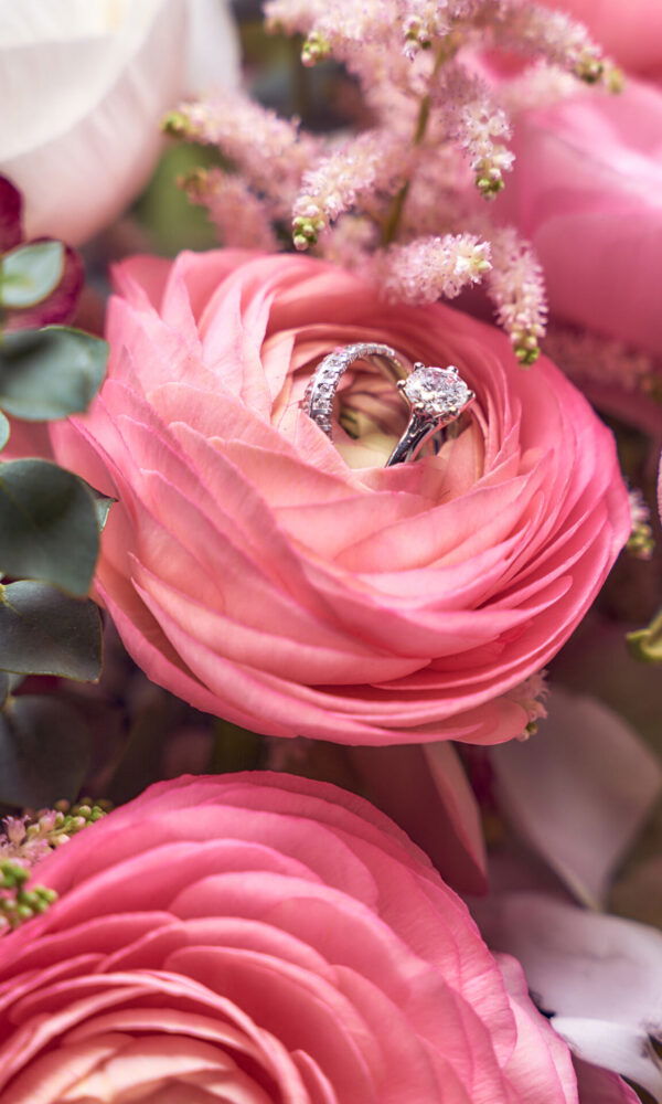 Ein Paar funkelnder Eheringe liegt in der Mitte einer rosa Ranunkelblüte, umgeben von anderen Blumen in zarten Rosa- und Grüntönen. Die Blütenblätter der Ranunkel bilden eine weiche und romantische Kulisse für die strahlenden Ringe.