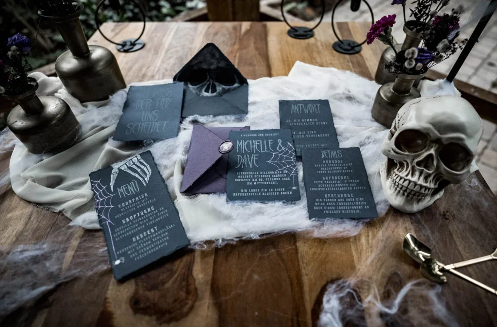 Dunkle Hochzeitseinladungskarten auf einem Holztisch, umgeben von einem Totenkopf, Vasen und Blumen, die eine mystische Atmosphäre schaffen.