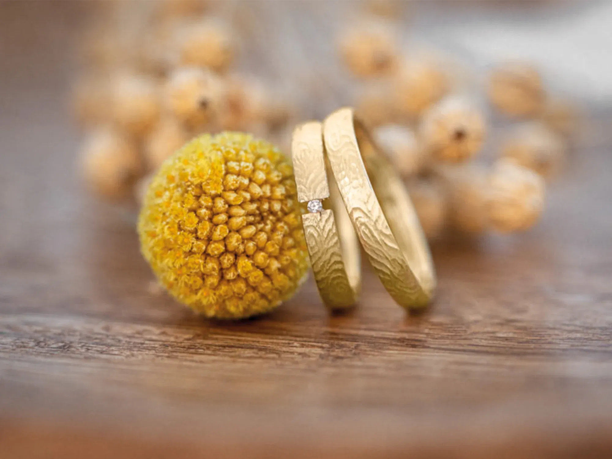 Zwei goldene Eheringe mit einer feinen Gravur, von denen einer einen kleinen Diamanten trägt, stehen neben einer gelben Blume auf einem Holztisch.
