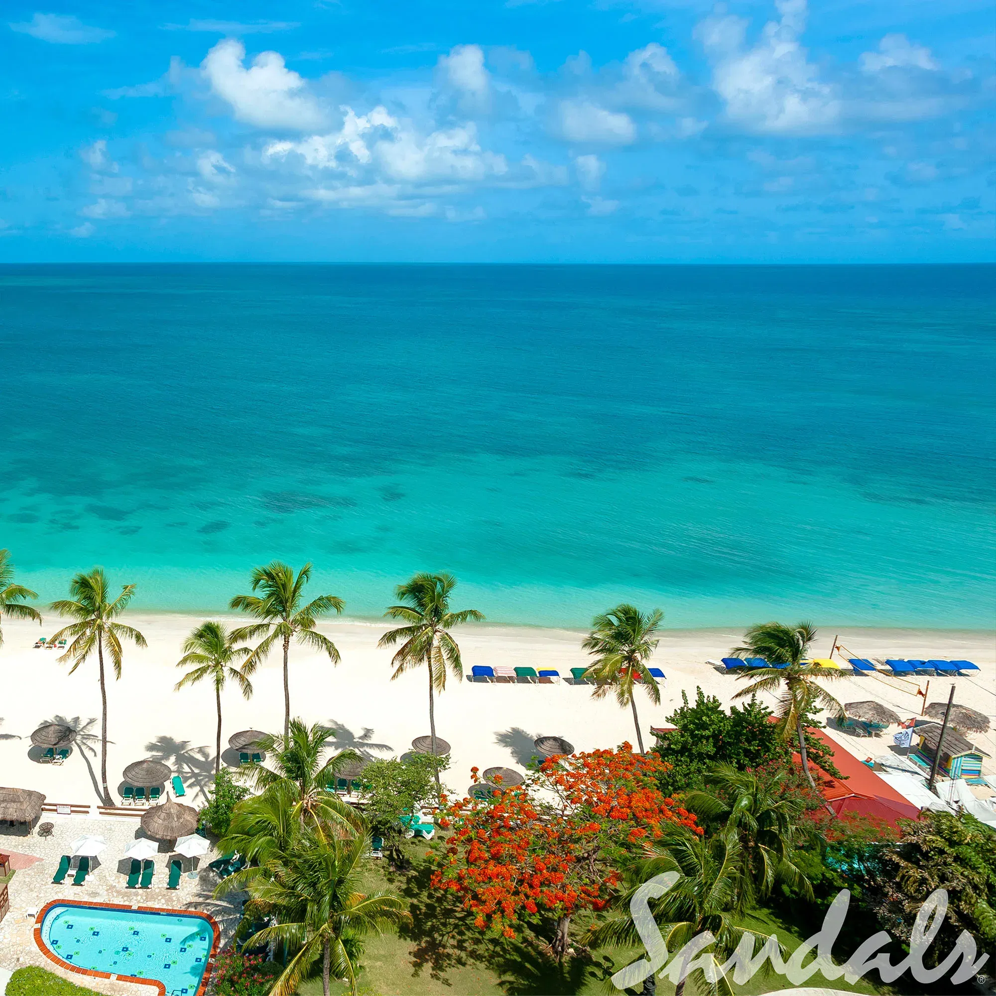 Aus der Vogelperspektive wird ein tropischer Strand auf Antigua gezeigt, mit Palmen, weißem Sand und klarem, blauem Wasser. Im Vordergrund befinden sich Pools, Sonnenschirme und Liegestühle, die zur Entspannung einladen.