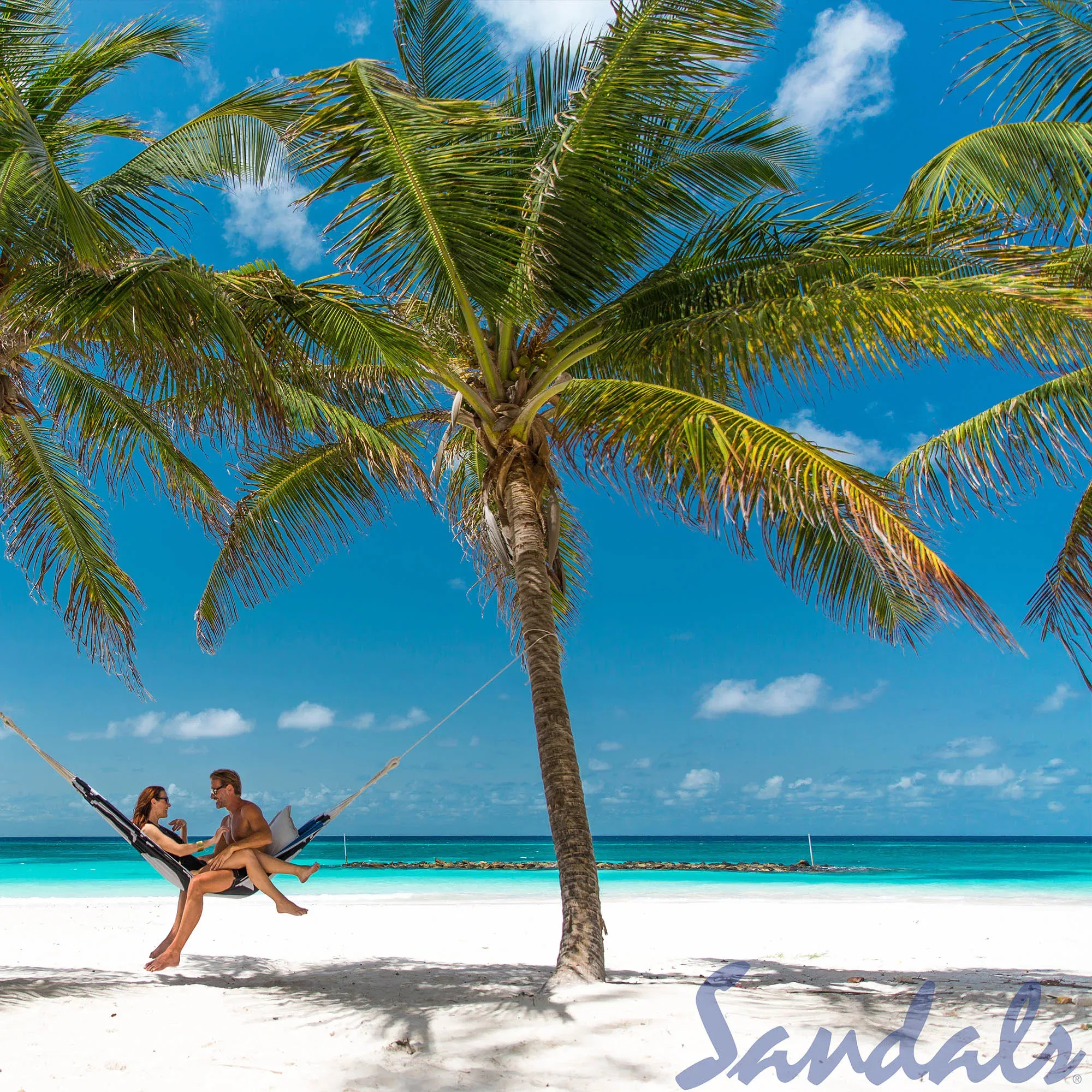 Ein Paar genießt den Schatten unter Palmen, während es in einer Hängematte am tropischen Strand von Barbados entspannt. Der strahlend blaue Himmel und das kristallklare Meer bilden den perfekten Hintergrund für diesen ruhigen Moment.