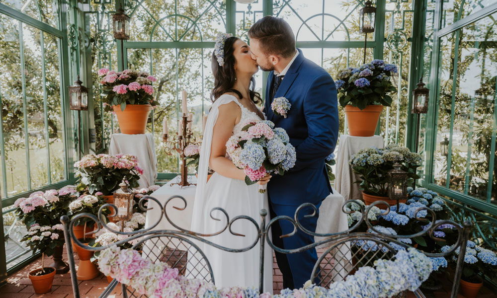 Ein Brautpaar teilt einen innigen Moment und küsst sich in einem mit Hortensien geschmückten Gewächshaus. Die Braut trägt einen Blumenstrauß, der perfekt zur Dekoration passt.