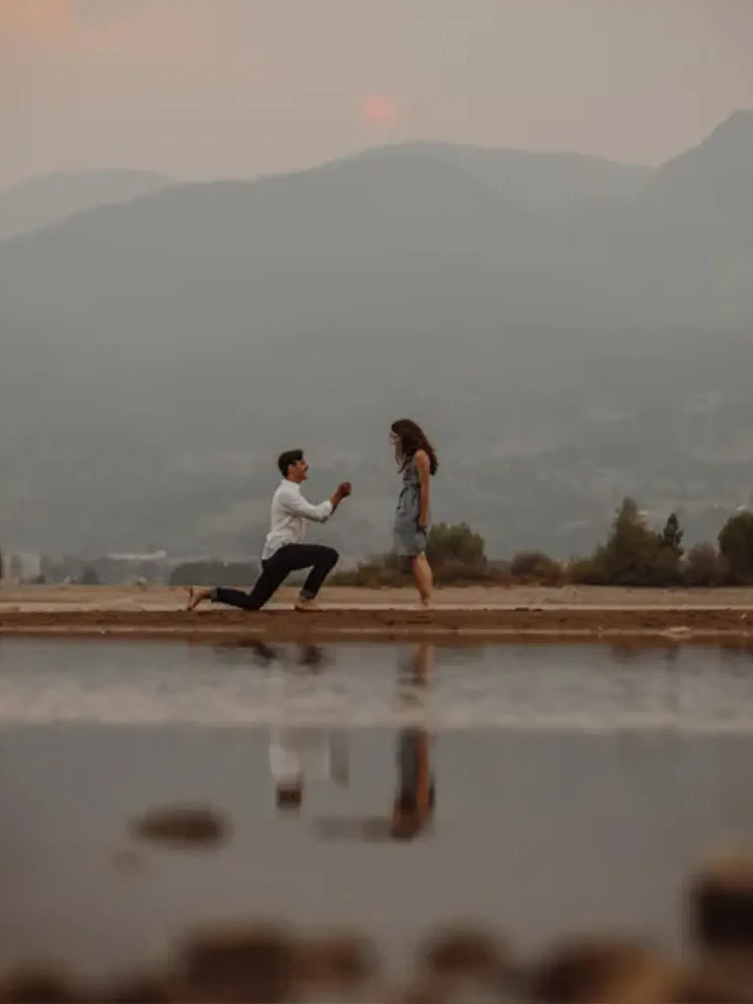 Romantischer Heiratsantrag in der Natur, bei dem der Mann auf einem Knie den Verlobungsring präsentiert, während die Frau vor ihm steht.