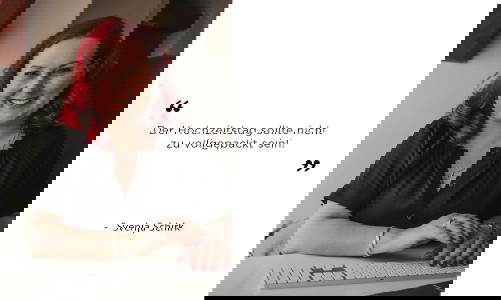 Svenja Schirk sitzt am Computer, strahlt in die Kamera und betont, dass der Hochzeitstag nicht zu eng getaktet sein sollte.