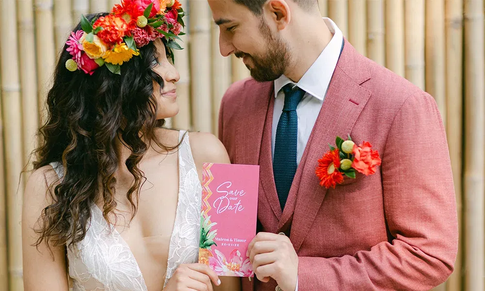 Ein Paar in Hochzeitskleidung posiert mit einer "Save the Date" Karte in Rosa. Sie trägt einen blumigen Kopfschmuck, er hat einen modischen rosafarbenen Anzug an. Beide schauen sich verliebt an.