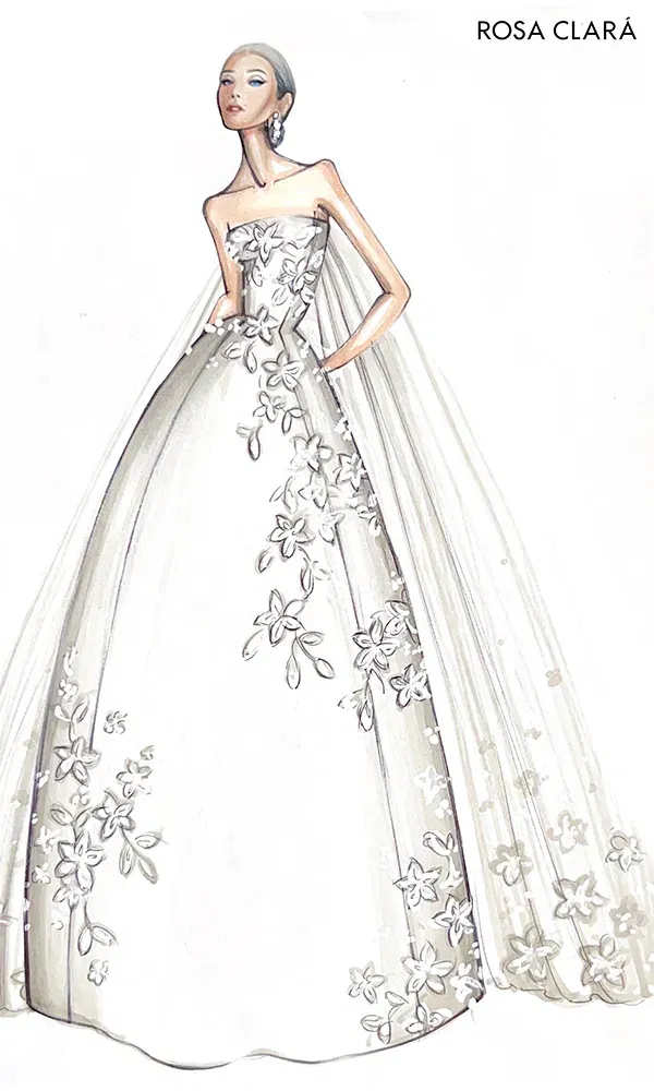 Illustration eines eleganten Brautkleids mit floralen Verzierungen von Rosa Clará. Das Kleid ist schulterfrei und wird durch einen transparenten Schleier ergänzt, was dem Design einen zeitlosen Look verleiht.