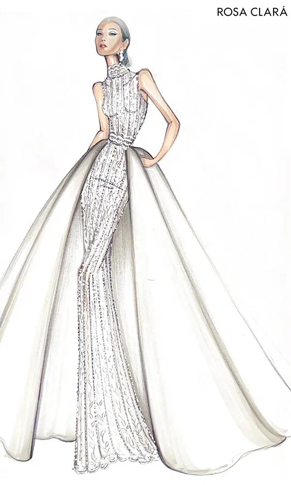 Eine Skizze eines Brautkleids mit hohem Kragen und perlenbesetzten Stickereien von Rosa Clará. Der fließende, durchsichtige Überrock schafft einen glamourösen und zeitlosen Look.