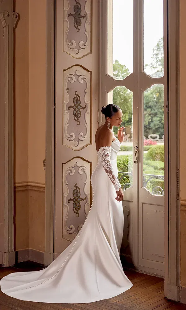 Elegantes Fit-and-Flare-Kleid mit abnehmbaren Spitzenärmeln und Knopfleiste, gezeigt in einem herrschaftlichen Salon mit Parkblick.