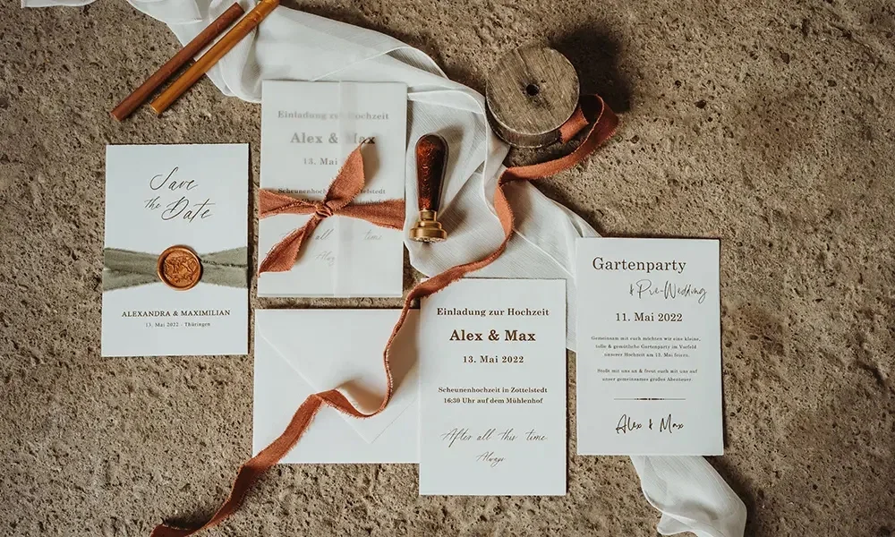 Hochzeitseinladungs-Set im Vintage-Stil: Eine Save-the-Date-Karte, Einladung zur Hochzeit und eine Ankündigung zur Gartenparty, arrangiert mit Wachssiegel, Satinband und einer Holzspule. Die Deko liegt auf einer strukturierten Steinfläche.