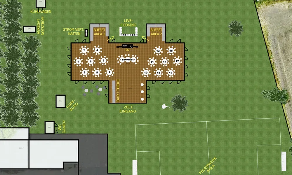 Detaillierter Lageplan einer Hochzeit im Freien mit markierten Tischen, einer zentralen Tanzfläche, Buffetstationen und einem separaten Live-Cooking-Bereich. Verschiedene Bereiche sind klar strukturiert.