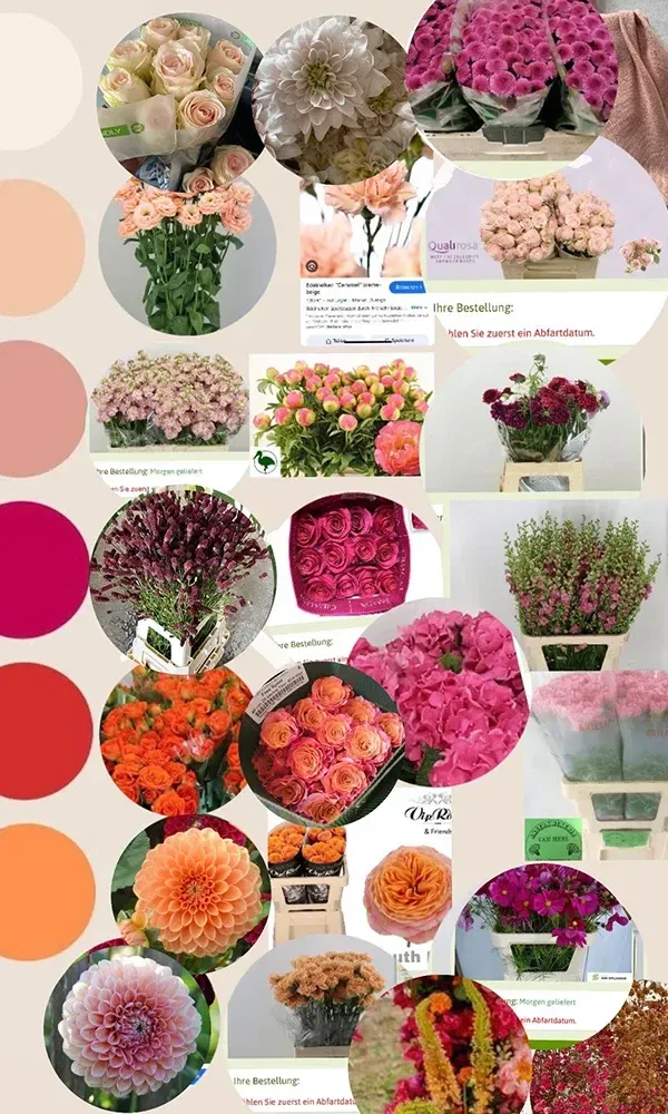 Vielfältige Blumenauswahl in leuchtenden Rosa- und Orangetönen, zusammengestellt als Inspiration für eine bunte und lebendige Hochzeitsdekoration. Verschiedene Blumenarten in einem stimmungsvollen Farbspektrum.