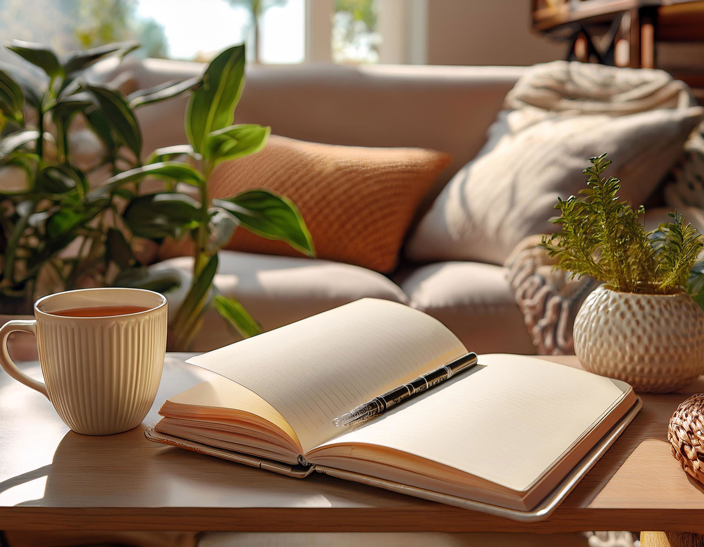 Ein offenes Notizbuch liegt auf einem Kaffeetisch, daneben ein Stift und eine Tasse Tee. Im Hintergrund sind Pflanzen und Kissen zu sehen, die eine ruhige und gemütliche Atmosphäre schaffen. Das warme Sonnenlicht fällt sanft in den Raum und unterstreicht die entspannte Stimmung.