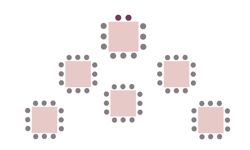 Tischaufstellung mit quadratischen Tischen, ideal für eine individuelle Sitzordnung.