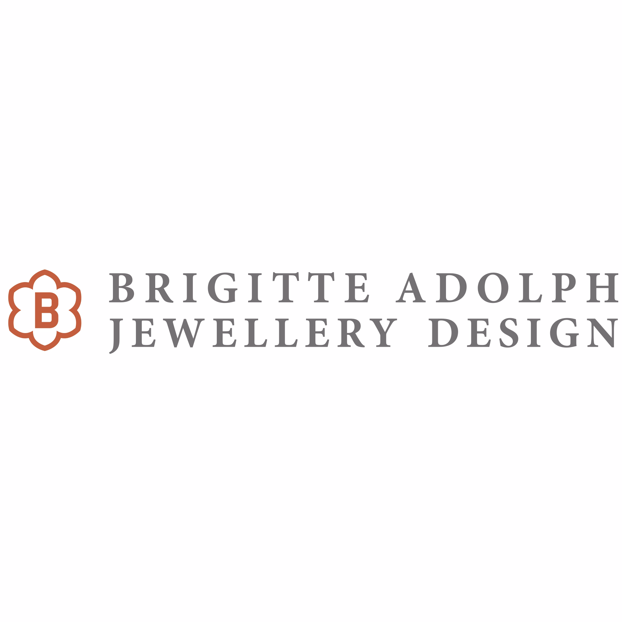 Markenlogo von Brigitte Adolph Jewellery Design mit einer Blütenform in Orange und einer klaren grauen Typografie.