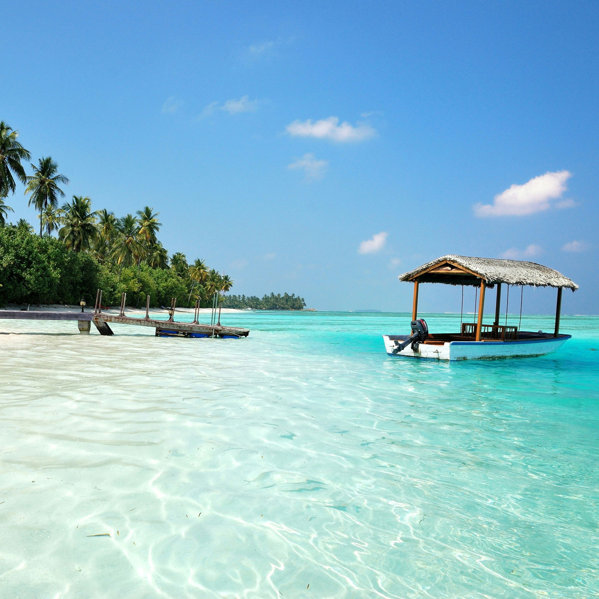 Tropischer Strand mit Palmen, klarem türkisfarbenem Wasser und einem traditionellen Holzboot mit Strohdach vor einer kleinen Anlegestelle.