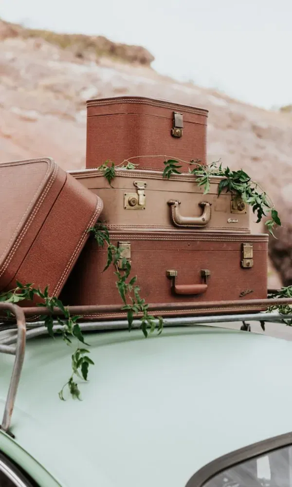 Alte Lederkoffer auf einem Autogepäckträger mit grünem Blattwerk – vor felsiger Kulisse und romantischem Vintage-Vibe.