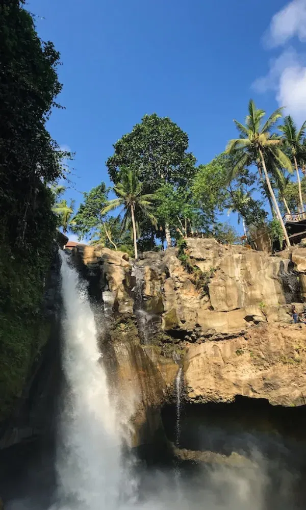 Hoher Wasserfall ergießt sich über braune Steinformationen inmitten eines tropischen Naturparadieses mit Palmen unter blauem Himmel.