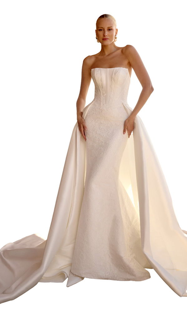 Modisches Designer-Brautkleid mit figurbetontem Schnitt und luxuriösem, abnehmbaren Überrock – perfekt für den großen Auftritt.