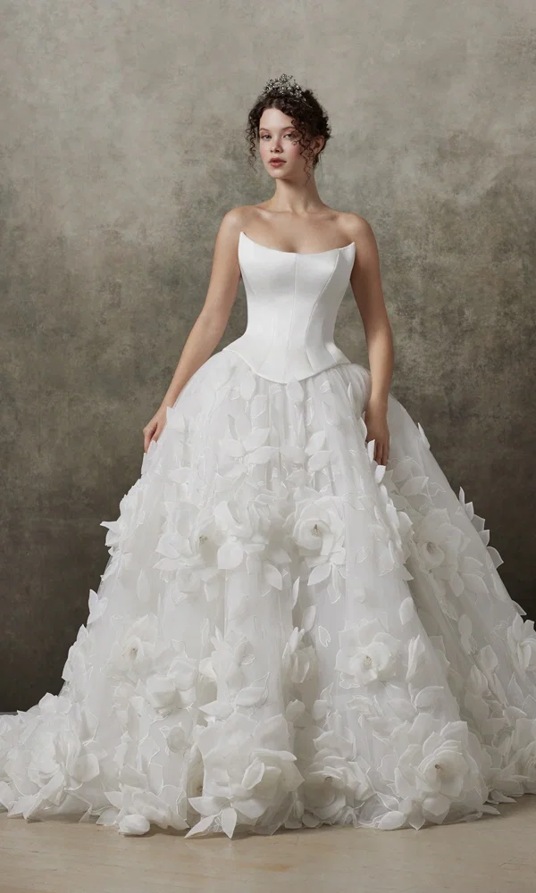 Atemberaubendes Brautkleid mit floraler Verzierung und Korsett, das Eleganz und Märchenzauber vereint.