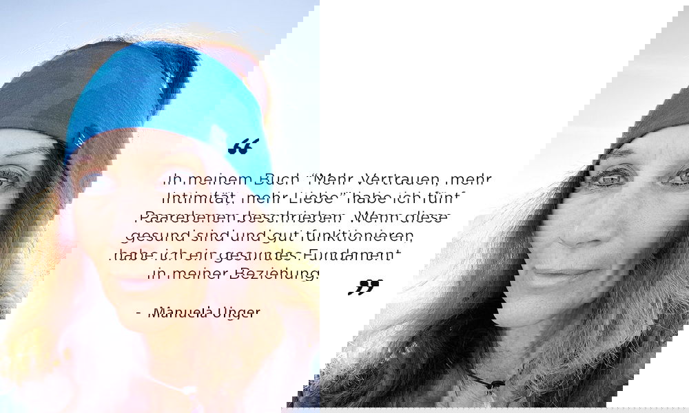 Manuela Unger mit offenen Haaren und blauem Stirnband vor hellem Hintergrund. Im Bild rechts ein Zitat aus ihrem Beziehungsratgeber, das erklärt, wie fünf Ebenen zur Stabilität in der Partnerschaft beitragen können.