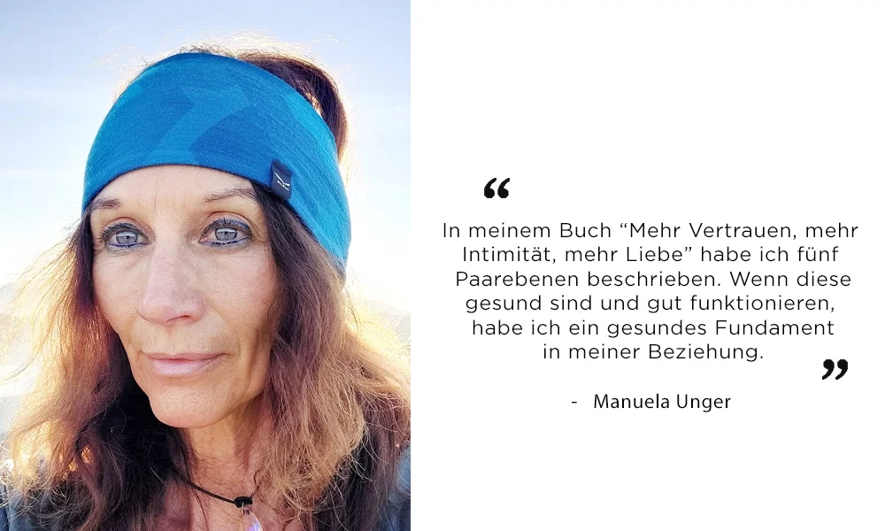 Manuela Unger mit offenen Haaren und blauem Stirnband vor hellem Hintergrund. Im Bild rechts ein Zitat aus ihrem Beziehungsratgeber, das erklärt, wie fünf Ebenen zur Stabilität in der Partnerschaft beitragen können.
