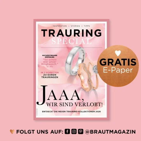 Das cover des Trauring Magazin, zu sehen ist ein rosegoldener Solitär und ein weißgoldenes wedding band.