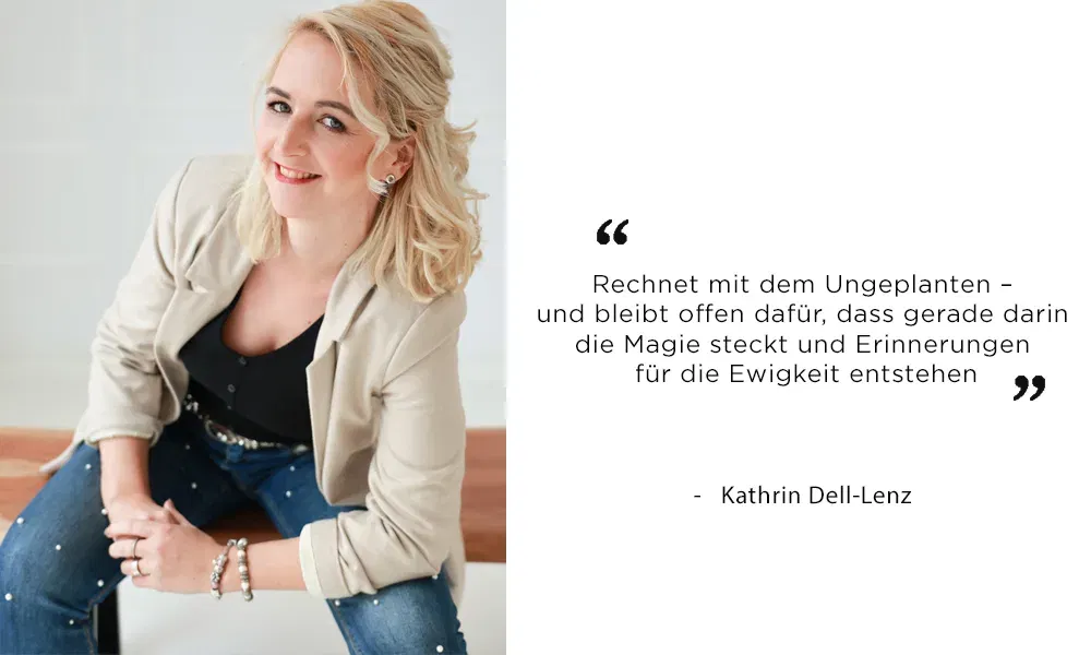 Kathrin Dell-Lenz auf einem professionellen Foto mit persönlichem Zitat, das zur Gelassenheit am Hochzeitstag ermutigt.