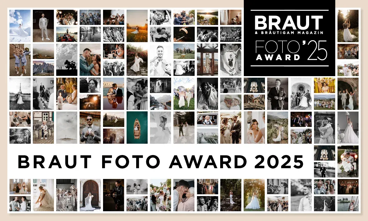Ein Banner mit allen nominierten Fotos des Braut Foto Award 2025