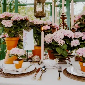 DIY-Tischdekoration zur Hochzeit mit Hortensien im Topf