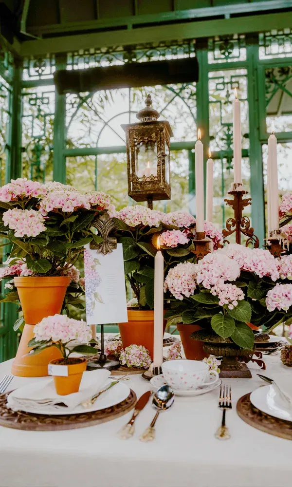 Verspielte Hochzeitstafel mit rosa Topf-Hortensien, antikem Besteck und natürlicher Atmosphäre im Glaspavillon.
