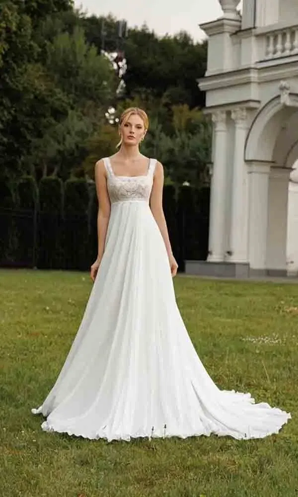 Klassisch-schöne Braut in fließender Empire-Silhouette mit dekorativem Bustier, aufgenommen vor historischem Gebäude mit Garten.