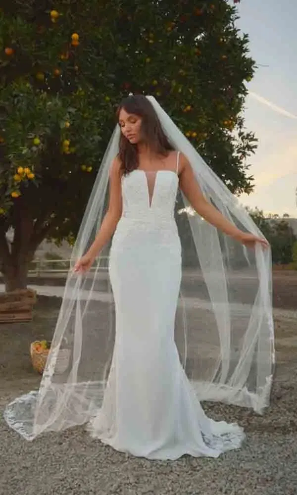 Braut mit V-Ausschnitt und zartem Schleier im Garten mit reifen Orangen – romantisches Flair beim Outdoor-Shooting.