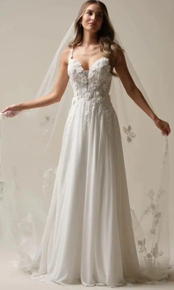 Detailverliebtes Hochzeitskleid mit feiner Spitze und Tüllschleier – Braut zeigt die Schleppe in stilvoller Studioaufnahme.