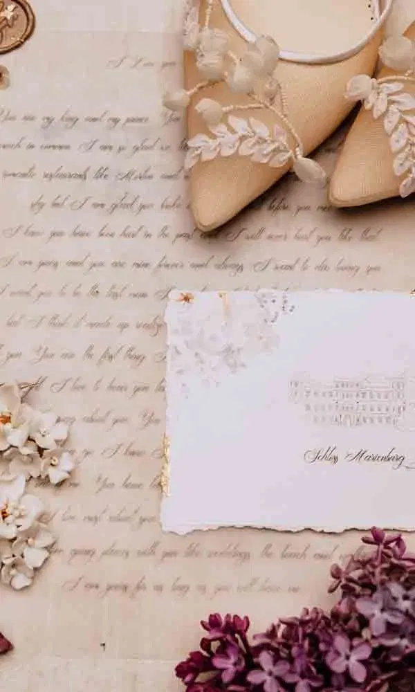 Verspieltes Flatlay mit zarten Hochzeitsschuhen, floraler Papeterie und lilafarbenen Blüten im Vintage-Stil.