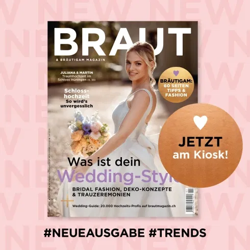 Die März-April Ausgabe des Braut & Bräutigam Magazin, zu sehen ist eine Braut mit pastellfarbenen Brautstrauß