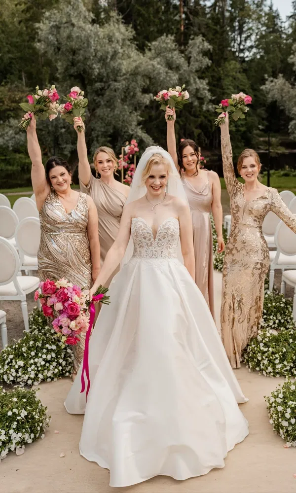 Strahlende Braut in weißem Kleid steht mit Brautjungfern in goldenen und beigen Kleidern, alle halten Blumensträuße hoch.