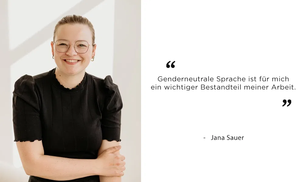 Hochzeitsfotografin Jana Sauer im schwarzen Shirt mit Brille, neben ihr ein Zitat über genderneutrale Formulierungen.
