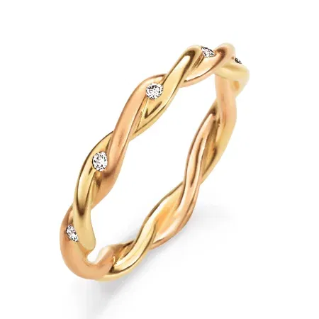 Edler Verlobungsring aus Rosé- und Gelbgold mit feinen Brillanten in gedrehter Form.