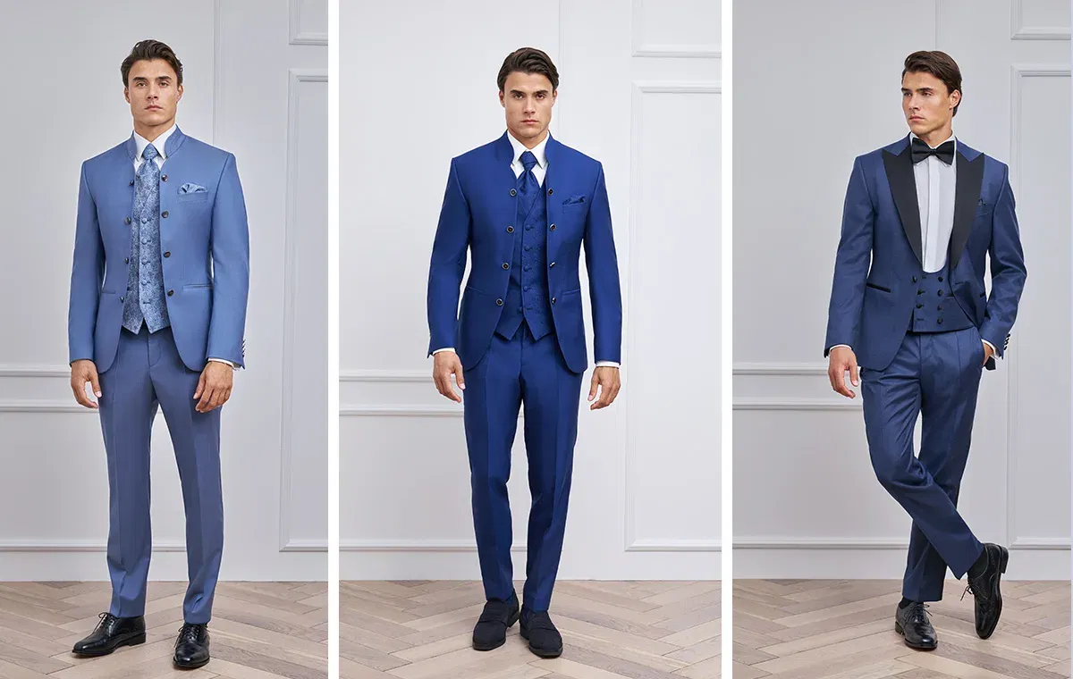 Drei elegante Hochzeitsanzüge in Hellblau, Royalblau und Mitternachtsblau von KUHN Maßkonfektion – moderne Bräutigam-Looks mit klassischer Note.