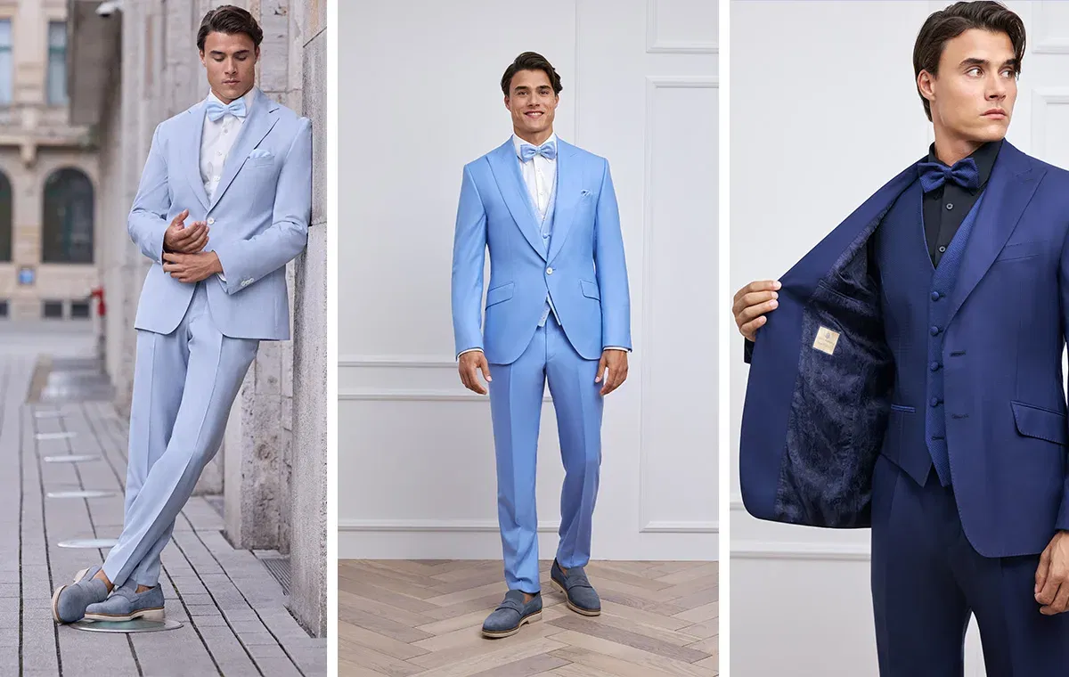 Bräutigam in hellblauem Hochzeitsanzug mit Fliege – moderner Look in urbaner Umgebung.