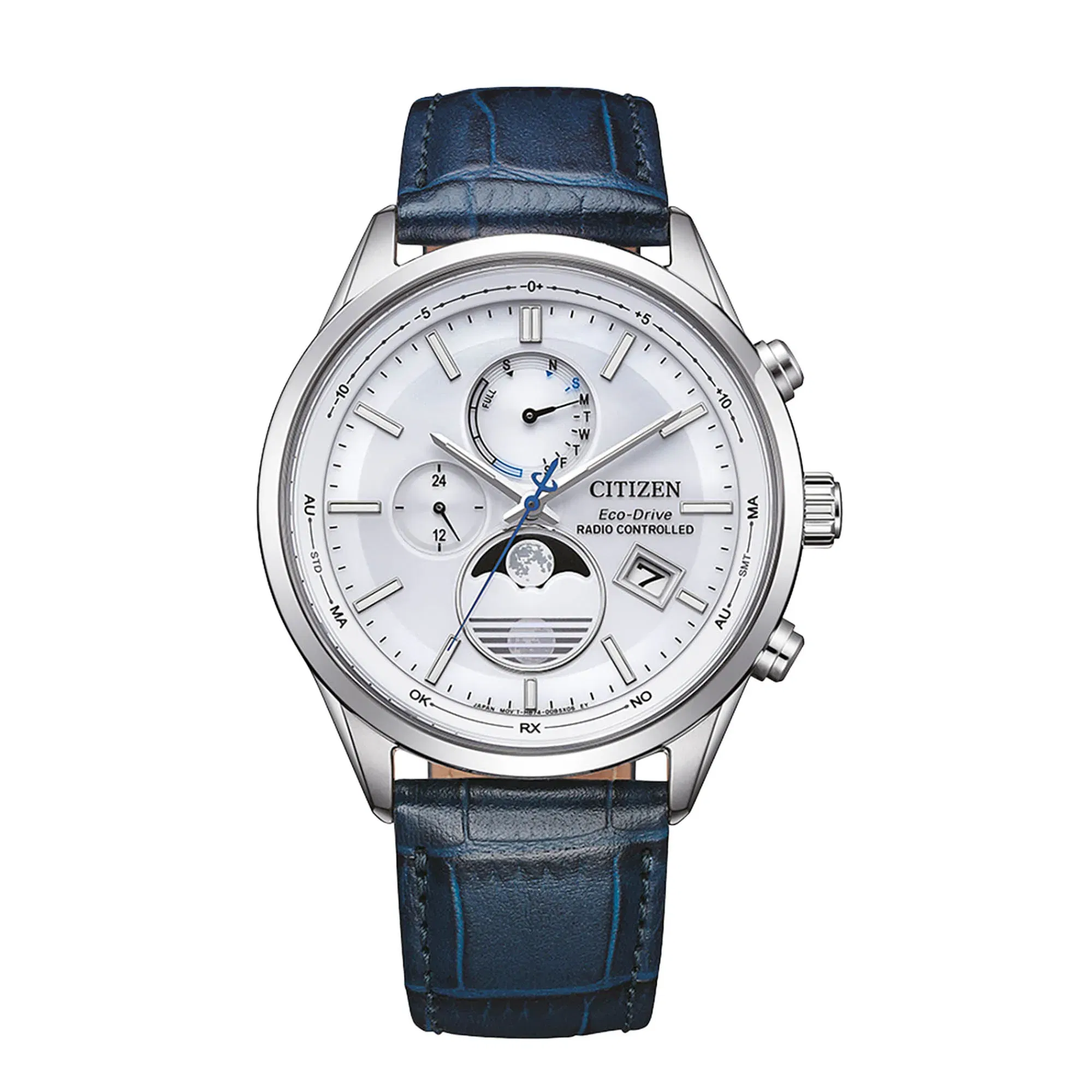 Hochwertige Citizen Herrenuhr mit weißem Zifferblatt, blauen Akzenten und dunkelblauem Lederarmband