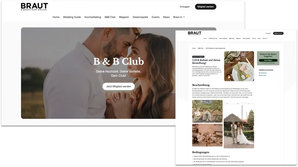 Screenshot der Website BRAUT & Bräutigam Online mit dem B&B Club: Startbanner mit verliebtem Brautpaar und Button „Jetzt Mitglied werden“ sowie eine Club-Seite mit 7,50 € Rabatt auf deine Bestellung, Beschreibung und Bedingungen für Hochzeitsangebote.
