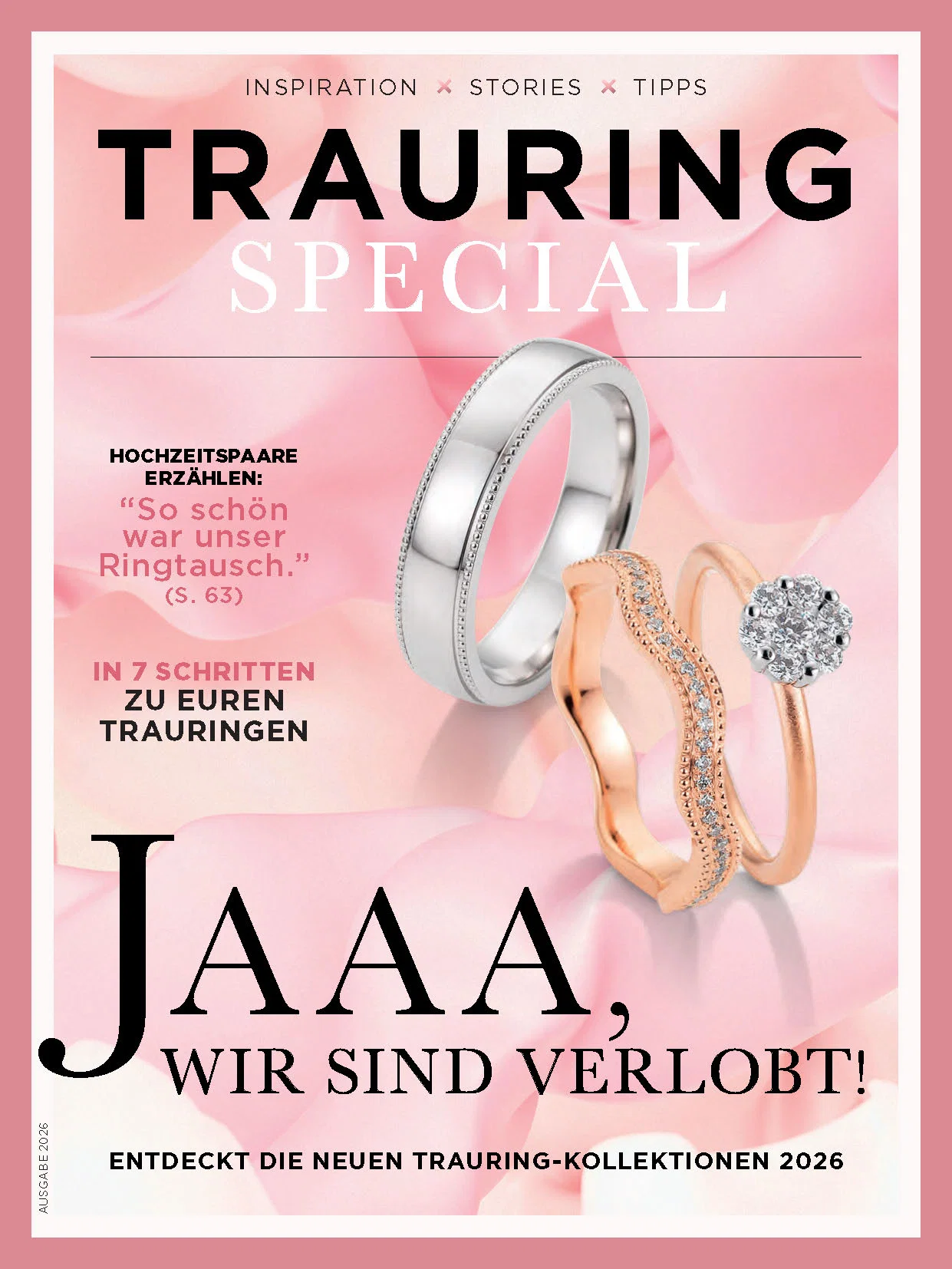 Das cover des Trauring Magazin, zu sehen ist ein rosegoldener Solitär und ein weißgoldenes wedding band.