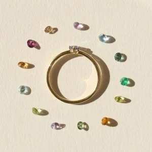 Goldener Ring mit Solitär, umgeben von bunten Edelsteinen in kreisförmiger Anordnung